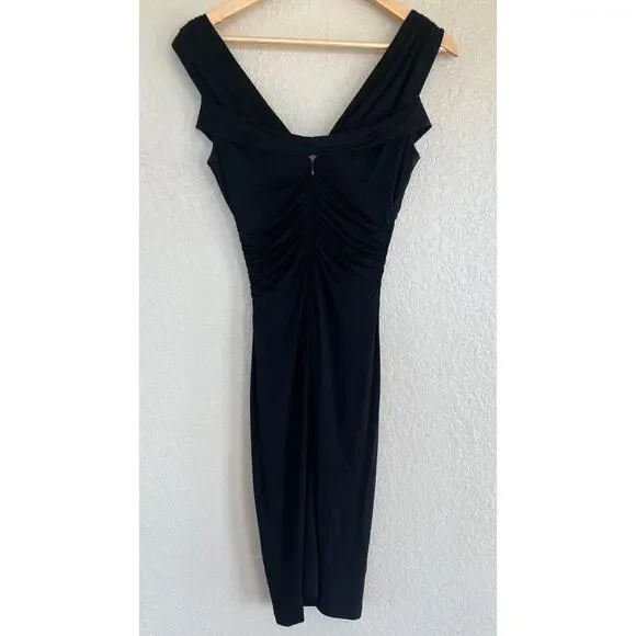 VTG David Meister Black Ruched Bodycon Midi Dress 2 Sexy Black Dress Date Night - Picture 3 of 6